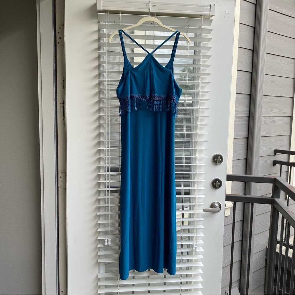 Jon & Anna Womens Small Teal Strappy Sleeve Fringe Tassels A-Line Maxi Dress - Picture 6 of 6